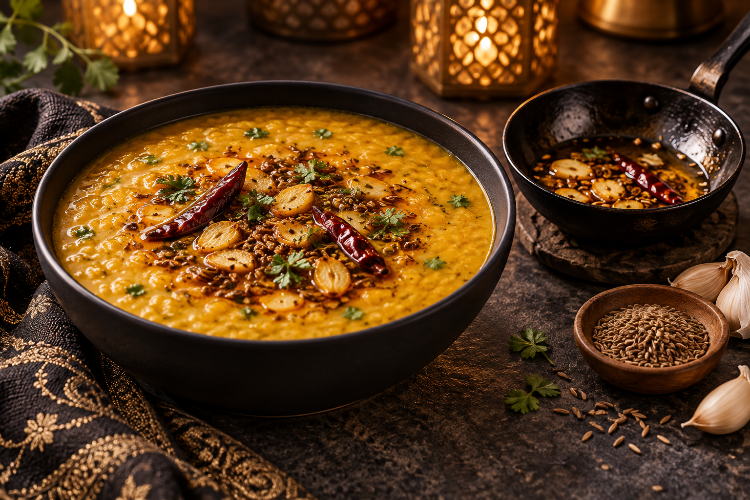 Golden lentil daal topped with garlic, cumin and dried red chili tarka, beside a small tempering pan.