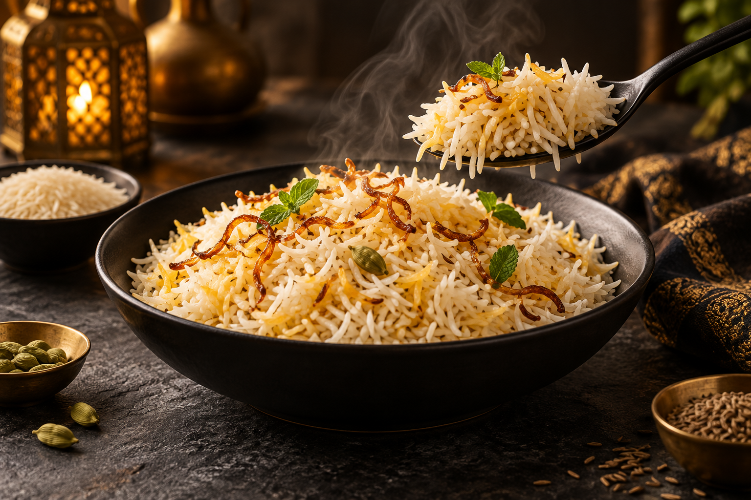 Fluffy basmati rice garnished with caramelized onions and mint, with a serving spoon lifting separate long grains.
